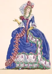 Elaborate Court Dress in Electric Blue with Tassel Edging, engraved by Dupin, plate no.275 from 